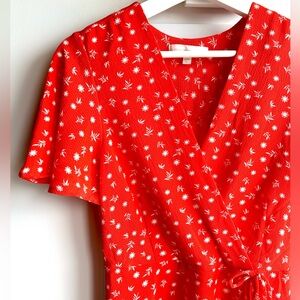 Red floral faux-wrap dress